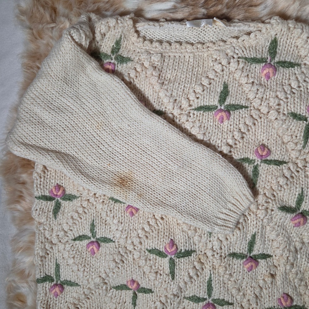Needles & Yarn Vintage Floral Embroidered Popcorn Knit Sweater Cream Large - Picture 8 of 9